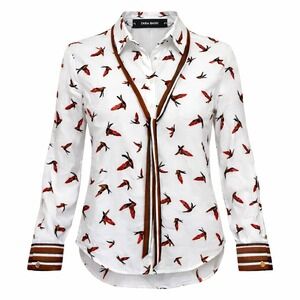 Zara Basic Button‎ Down Shirt Women's Small White Swallow Bird Tie Long Sleeve